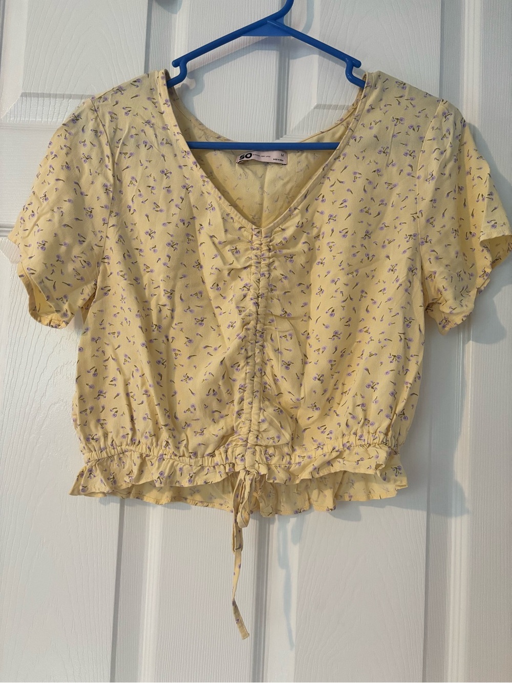 SO Pale Yellow Floral Drawstring Crop Top